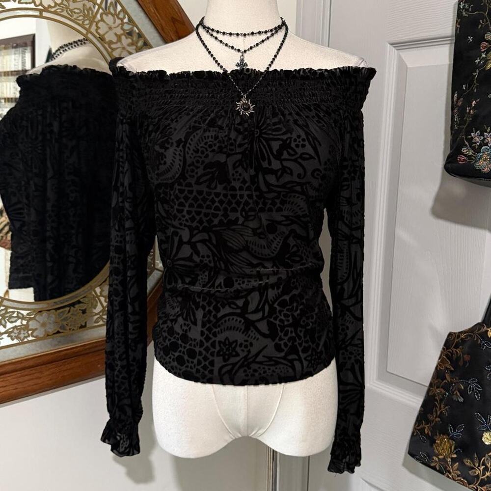 Free People Black Velvet Burnout Floral Boho Long Sleeve Off the Shoulder Top S